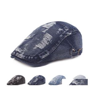 Berets Fashion Hole Cowboy Hats for Men Retro Denim Sboy Hat Unisex Casual Cotton Beret Cap Hip Hop Flat Drop dostawa A OTQMP