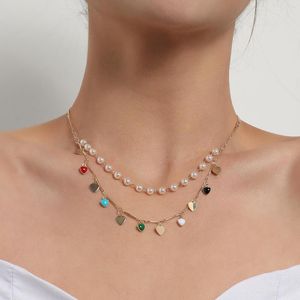 Girocollo Collane a cuore multicolore per donna Fashion Drop Glaze Peach Pendant Pearl Two Layers Chain Jewelry