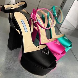 rhinestone sandals Luxury Designers womens platform heels dress shoes Classic triangle buckle Embellished Ankle strap 13CM high Heeled women sandal 34-42 with box