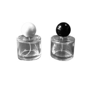 Glaszerstäuber-Parfümflasche, transparent, leer, runde Form, 50 ml, schwarz-weißer Deckel, Spary-Nebelpumpe, nachfüllbarer Behälter, kosmetische Verpackungsflaschen