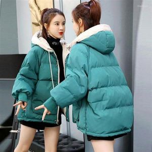 Trench da donna Parka Giacca in cotone Donna Inverno 2023 Ragazza Stile coreano Scuola Cappotto corto verde ispessito allentato per donna con cappuccio Y2k