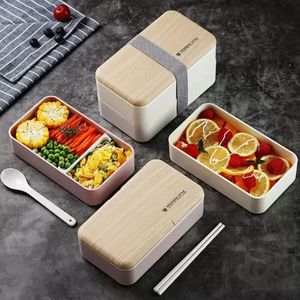 Doppelschichtige Lunchbox, 1200 ml, Holzgefühl, Salat, Bento-Boxen, Mikrowelle, tragbarer Behälter für Arbeiter, Studenten, tt0204