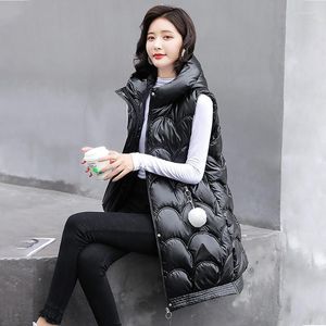 Kvinnors västar 2023 Solid Hooded Winter Vest Long Style Tjock kvinnlig ärmlös Waistcoat Cotton Padded Jacket med fickkläder Guin22