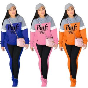 S-XXXL Women Tracksuits Two Pieces Set Designer Letter Printing Color Block Splicing Hooded Sweater Leggings Ladies Fashion Casual Suits 3 Colours