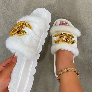 플러시 슬리퍼 겨울 오픈 발가락 단색 샌들 금속 체인 야외 캐주얼 여성의 패션 신발 Fahion Shoe