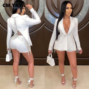 Women's Suits Blazers CM.YAYA Women Sequins Tassel Splcing Notched Neck Blazer Suit and Shorts Matching Two 2 Piece Set Office Lady Elegant INS Outfit 230203