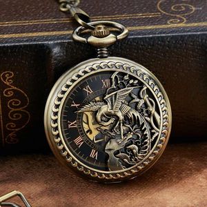 Pocket Watches Bronze Hollow Unique Dragon Phoenix Sculpture Mechanical Watch Retro Lucky Symbol Roman Skeleton