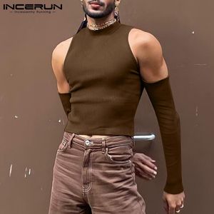 Herr t-shirts incerun män t shirt fast färg turtleneck lång ärm från axel camisetas ihåliga ut streetwear sexiga grödor 230204