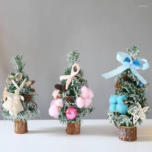 Christmas Decorations Mini Artificial Tree With Round Wood Base Desk Table Display Ornaments Xmas Holiday Gift 10 Inch