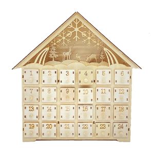 Calendar C63B Elk Snowflake Wooden Christmas Countdown Calendar LED Lighted Wood House Xmas Party Decor Advent Calendar 24 Storage 230203