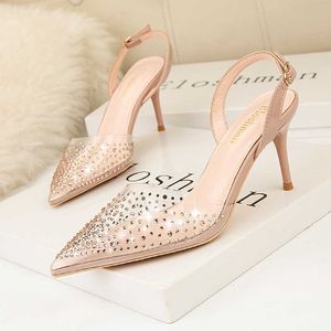 Dress Shoes size 41 women sandals 2020 women pumps pointed shallow high heels shoes transparent rhinestone party weding sandals ladyes sheos G230130