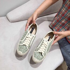 Klänningskor 2021 Fairy Plaid tyg espadrilles Flats Woman Round Toe Hemp Soled Lattices Loafers Spring Ins Lace Up Fisherman Shoes Women G230130