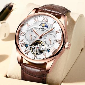 WRISTWATCHES Men Mechanical Watch Automatyczne puste Tourbillon Faza Księżyc Business Skóra Wodoodporna męska zegar męski Masculino