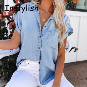 Kvinnors blusar skjortor kvinnor vintage denim blus sommar kort ärmknapp upp jean tröjor damer high street löst toppar elegant harajuku chic tunics 230204