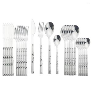 Flatware Sets 4/8/16/24Pcs Stainless Steel Cutlery Set Imitation Marble White Handle Dinnerware Clamp Knife Fork Spoon Western Tableware