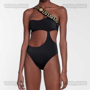 Woman Designer Luxury Versages Fashion Womens Swimsuit Beach Sexy One Shoulder Gathered Open Back Hollow One-piece Conservative Slim Swimsuit