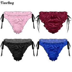 Underpants TiaoBug Sissy Men Low Rise Ruffles Satin Briefs Breathable Lace-Up Pleated Trim Underwear For Wedding Honeymoon Gift