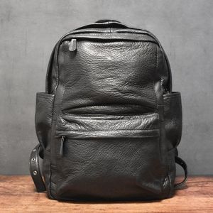 Backpack Vintage Black Large Capacity Man's Luxury Genuine Leather 16 Inch Laptop Fashionable Travel Casual Waterproof Back Bag