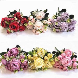 Decorative Flowers Simulation 7-fork 13-flower Rose Bud Living Room Dining Table Wedding Decoration Bouquet Artificial Flower Fake Plant Red