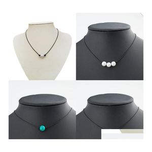 H￤nge halsband minimalistiska p￤rlor choker halsband svart handgjorda l￤der rep bl￥ turkos f￶r kvinnor imitation naturlig p￤rla diy otxkn