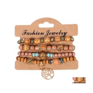 Beaded 4Pcs/Lot Vintage Tree Of Life Charm Bracelets Set For Women Wooden Wood Beads Elasticity Chains Bangle Fashion Bohemian Jewel Dhdsm