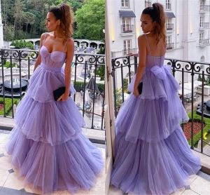 Purple Prom Dresses Spaghetti Stems Tulle Tiered Ruffles Custom Made Golvlängd Kvällsklänning Formell OCN Wear Vestidos Plus Size 403