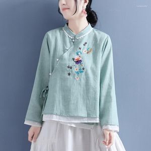 Abbigliamento etnico cotone e lino in stile cinese Donne sciolte casual mance da fibbia vintage camicette femminile primavera cheongsam top 31809