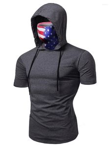 マスク付きメンズパーカー半袖米国旗印刷男性因果的ストレッチスリムフィットネスTシャツ夏のソリッドヒップホップスウェットシャツ
