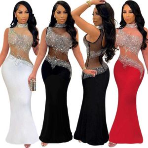 Womens Sexy See Through Rhinestone Sleeveless Dress Nightclub Evening