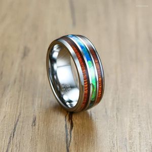 Wedding Rings Fashion Couple 8mm Stainless Steel Ring Hawaiian Koa Wood Abalone Shell Men Women Band