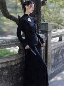 Sıradan Elbise Siyah Uzun Elbise Kadınlar 2023 Yaz Jakard Çin tarzı Cheongsam Kılıf Delik Seksi Akşam Partisi Kollu