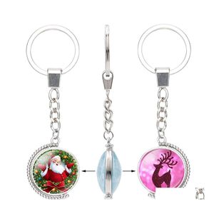 Keychains Lanyards Christmas Glass Cabochon Double Sides Reindeer Tree Santa Claus Bell Snowman Pendant Rotable Key Chain Jewelry Otonb