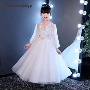 Kız Elbiseler Beyaz Prenses Uzun Kollu Çiçekler Elbise Çocuklar Pageant Gece Elbise Kızlar İçin İlk Komünyon