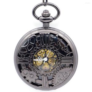 Pocket Watches Machine Wheel Earne Mechanical Watch Numbers Roman Skeleton Black Dial PocketFob com FOB Chain PJX1342