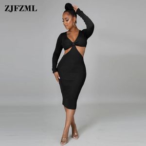 Lässige Kleider Einfachheit Solide Damen Skinny Midi Kleid Sexy Tiefer V-Ausschnitt Langarm Gerippte Hülle Eleganz Taille Band Cut Out Robe