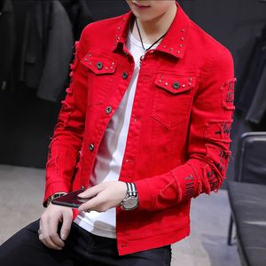 メンズジャケットデニムジャケットコート男性韓国語バージョンファッションスプリングモデル壊れたホールブランドルーズツールマンブレザー230203