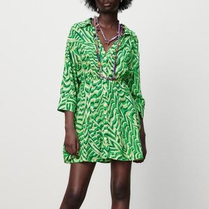 Casual Dresses for Women 2023 Green Print Summer Mini Dress Korean Fashion Commute Button Lapels Elastic Midje Slim Fit Shirt