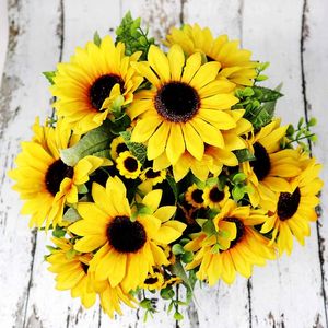 Dekorative Blumen, 7 Zweige/Strauß, gelber Seiden-Sonnenblumenstrauß, schöne künstliche Blumen-Gänseblümchen-Kopf für Hochzeit, Geburtstag, Party, Zuhause