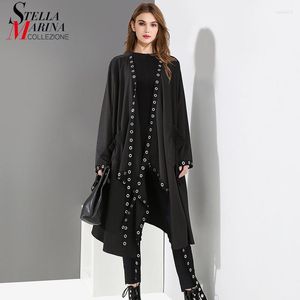 Giacche da donna Donna coreana Solid Black Giacca stile mantello unico Design aperto Big Size Nastro lungo Fori in metallo Mantello allentato da donna 3843