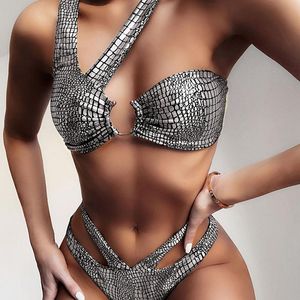 Kvinnors badkläder 1 Set Snake Print Sexier Baddräkter Bikini Push Up Sloping Shoulder Bathing Dress Gold Pink Silver Färg att välja