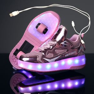 Turnschuhe Kinder Zwei Räder Leuchtende Turnschuhe Schwarz Rosa Rot Led Licht Rollschuh Schuhe Kinder Led Schuhe Jungen Mädchen USB lade 230203