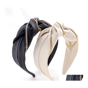 Headbands Fashion Street Girls Headband Women Soft Cloth Hairband Gold Alloy Chain Headwear Wide Side Solid Head Band Autumn Hair Ac Otlyb