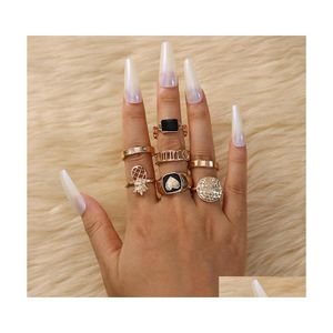 Band Rings Fashion Jewelry Knuckle Ring Set Drop Glaze Hollow Out Pineapple Geometric 7Pcs/Set Delivery Dh4Os