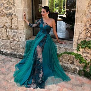 Emerald Green One Shoulder Evening Dresses Sexy See Through Lace Appliques Formal Occasion Dresses Long Party Gala Gowns