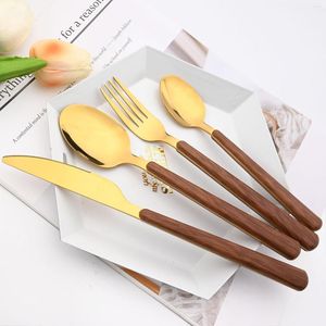 Flatware Sets Drmfiy 4/16/24P Knife Fork Spoon Dinnerware Cutlery Set Stainless Steel Kitchen Tableware Imitation Wood Handle