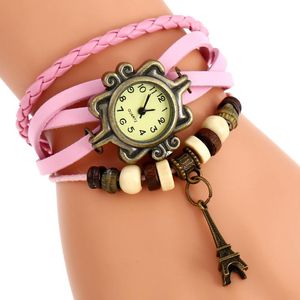 腕時計Gnova Platinum Ethnic Bracelet Watch Eiffel Tower Charm Vintage Leather Wristwatch Digit Indie Brooch Band A889