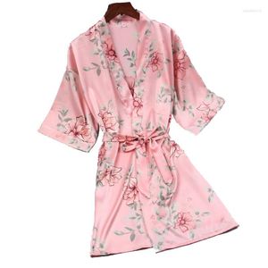 Women's Sleepwear Sexy Mini Pink Chinese Traditional Women Silk Robe Novelty Kimono Yukata Pajamas Printed Flower Nightgown Size M L XL