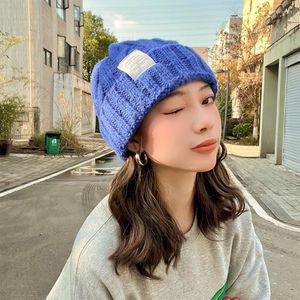 Beanies Beanie/Skull Caps Fashion Sticked Simple Autumn Winter Hats For Women Solid Color Woolen Hat Curling Tyg etikett Tjockning varm col