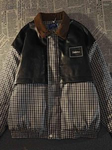 Men's Jackets Gmiixder Vinatge Padded Coat American Retro Black White Patchwork Pu Leather Plaid Parkas Unisex Kpop Varsity Jacket