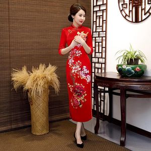 Ethnische Kleidung Ankunft Vintage Roter Druck Blume Velours Cheongsam Braut Hochzeitskleid Kleid Mandarinkragen Herbst Sexy Langes Elegantes Qipao